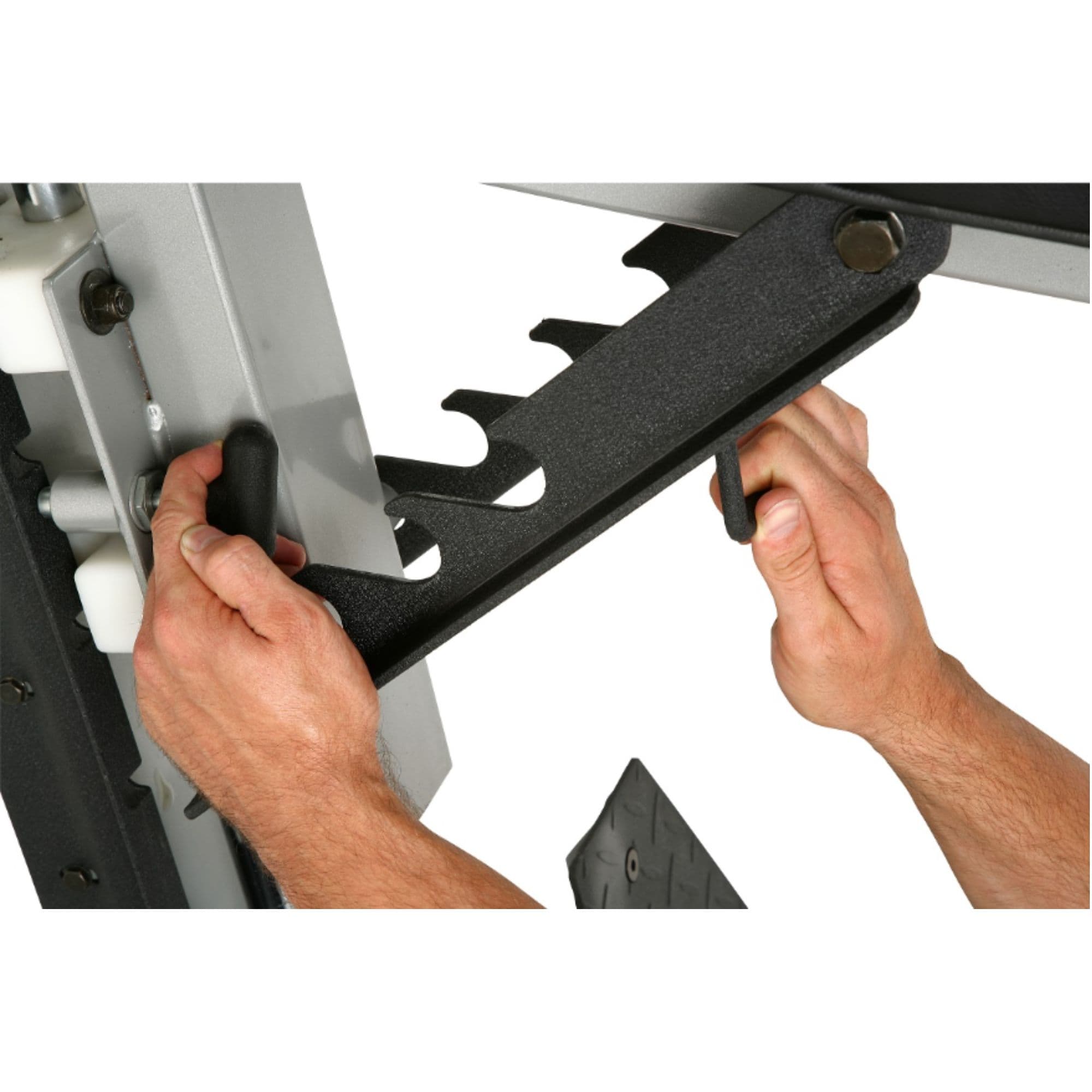 York Barbell STS Multi-Function Bench – 53004 Close-Up View Of Adjustment System With A Man Hand Holding