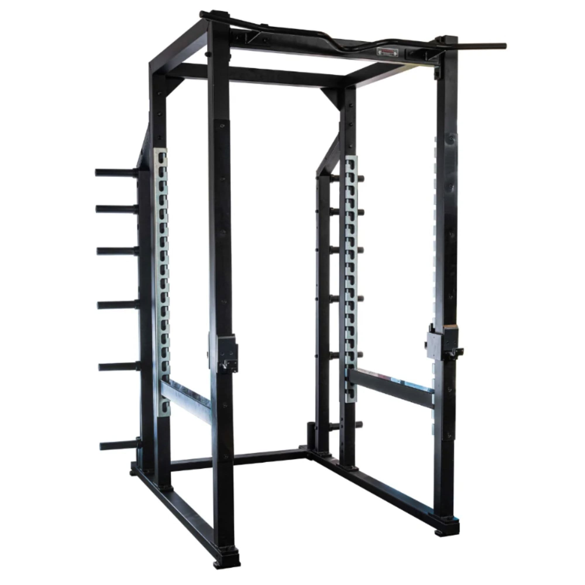 York Barbell STS Power Rack With Hook Plates Side Angle View On White Background