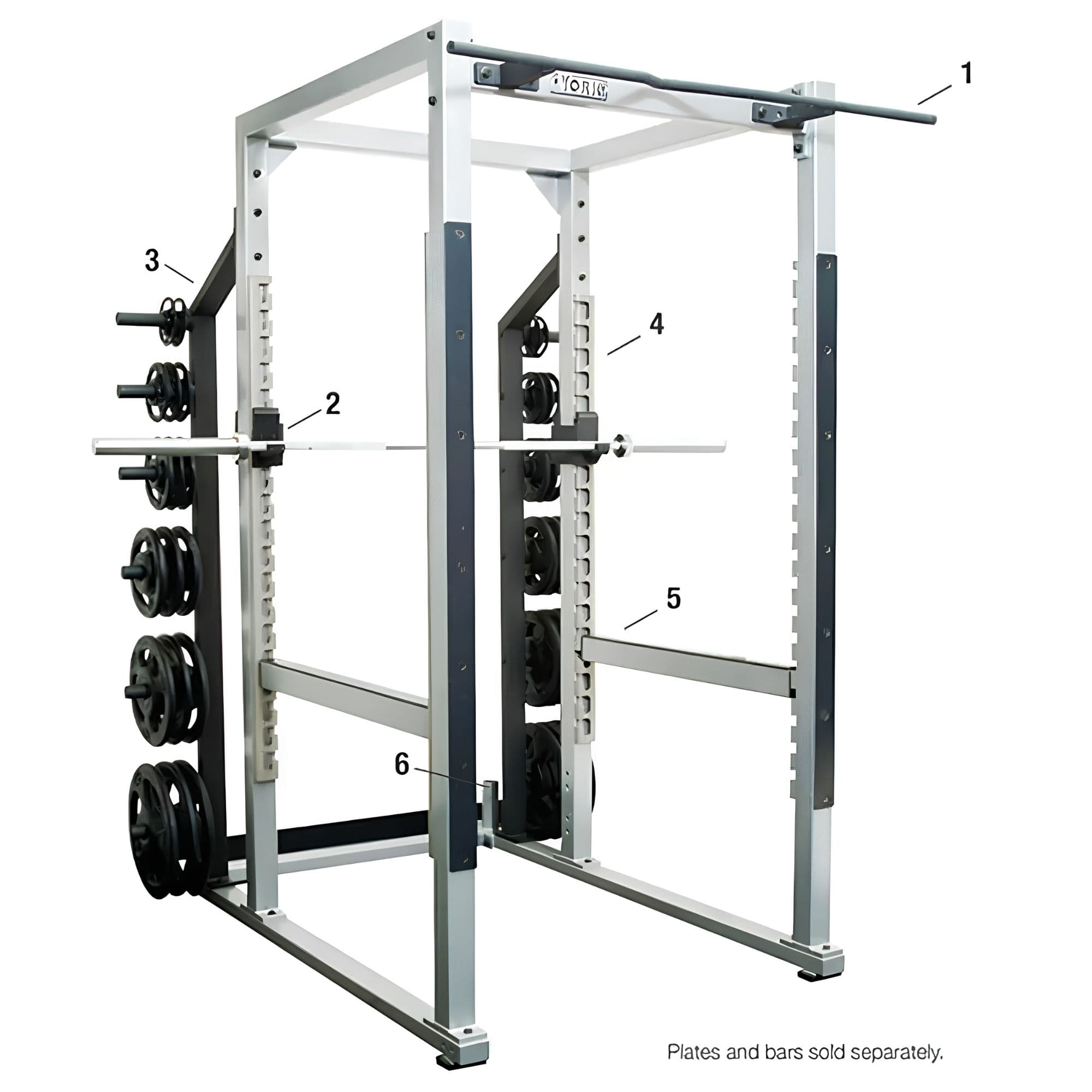 York Barbell STS Power Rack With Hook Plates With Weights Attached And Numbering In Front Angle View On White Background