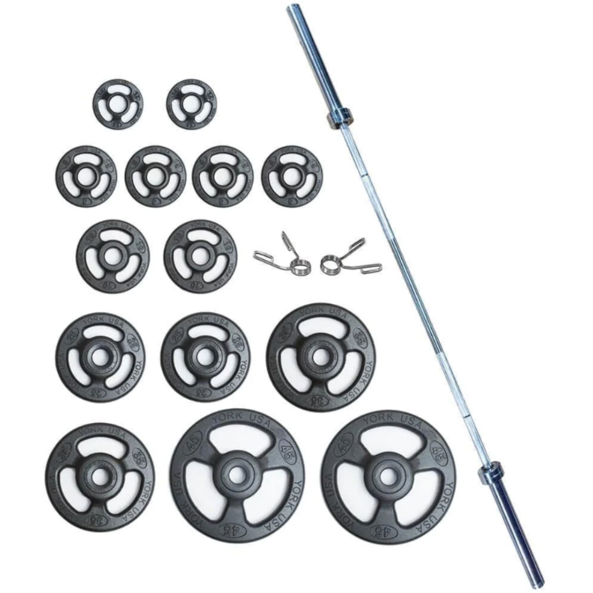 York Barbell Steel ISO-GRIP 300lb Plate and Barbell Set Full Product View On White Background