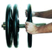 York Barbell Steel ISO-GRIP 300lb Plate and Barbell Set With A Hands Pulling Off The Weights On White Background
