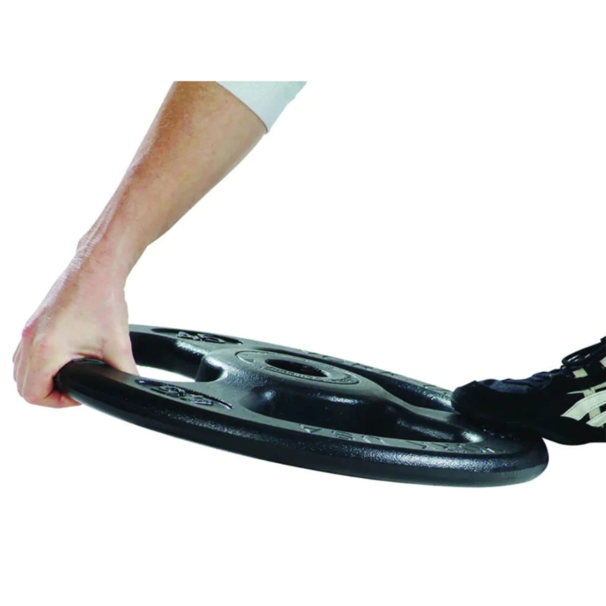 York Barbell Steel ISO-GRIP 300lb Plate and Barbell Set With A User Demonstrating An Easy-Grip Handling On White Background