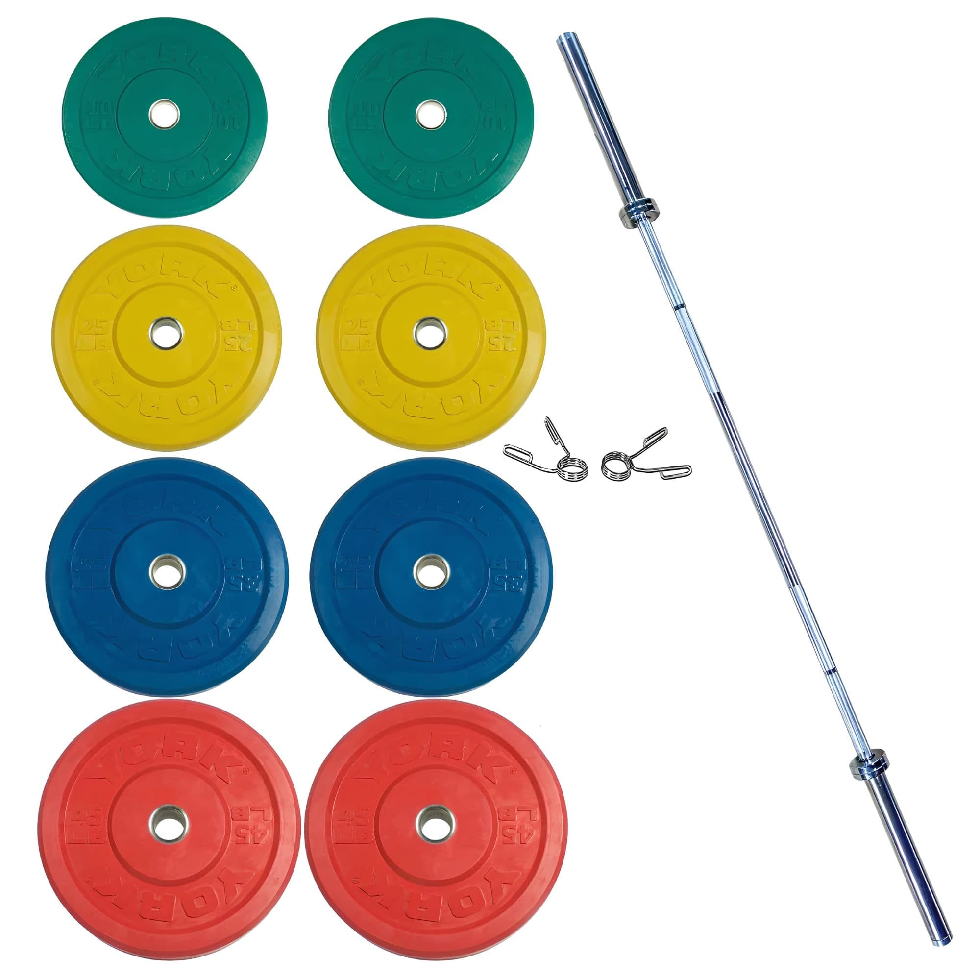 York Barbell USA Colored Bumper Plate And Barbell Sets Complete Product View On White Background