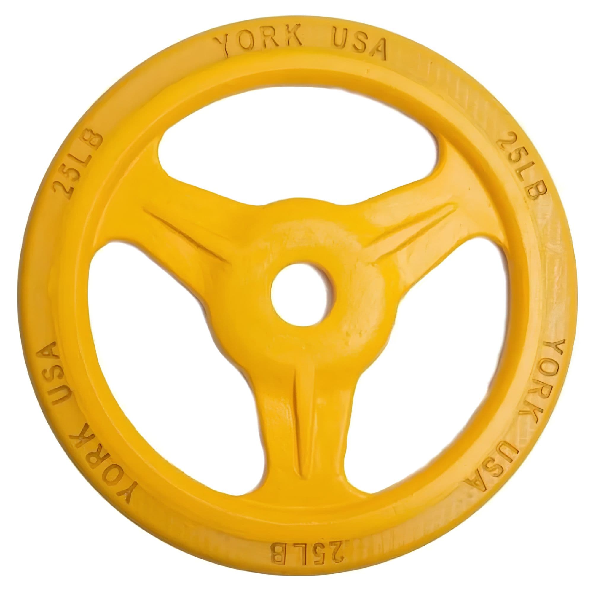 York Bumper Grip Plates Detail View Of 25LB Yellow Color On White Background
