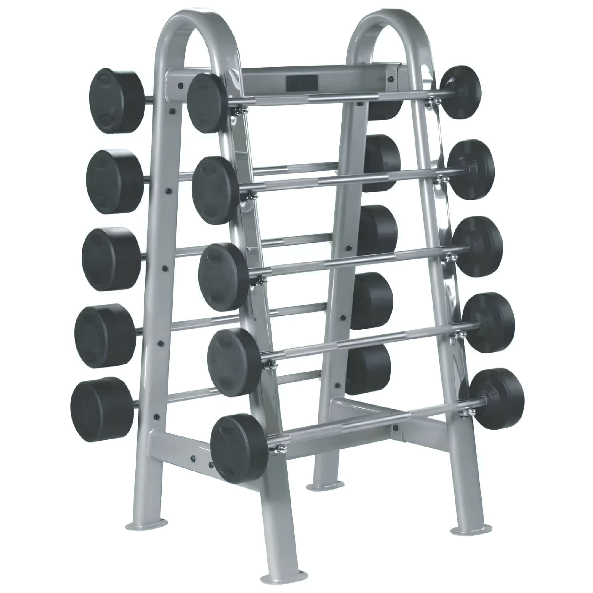 York ETS Fixed Straight And Curl Barbell Rack Full Product View With Barbells On White Background