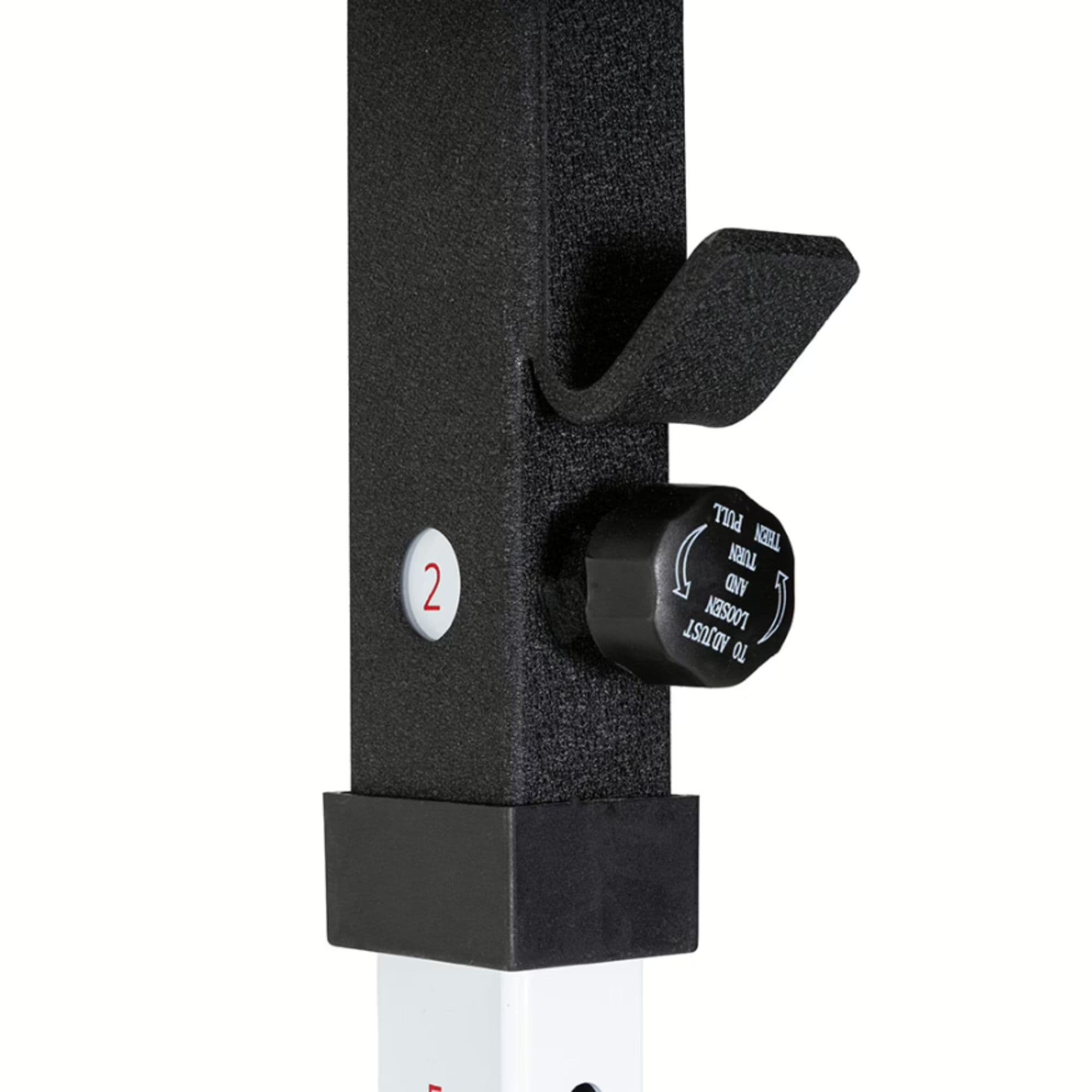 York FTS Barbell Power Cage Detail View Of Adjustable J-Hook On White Background
