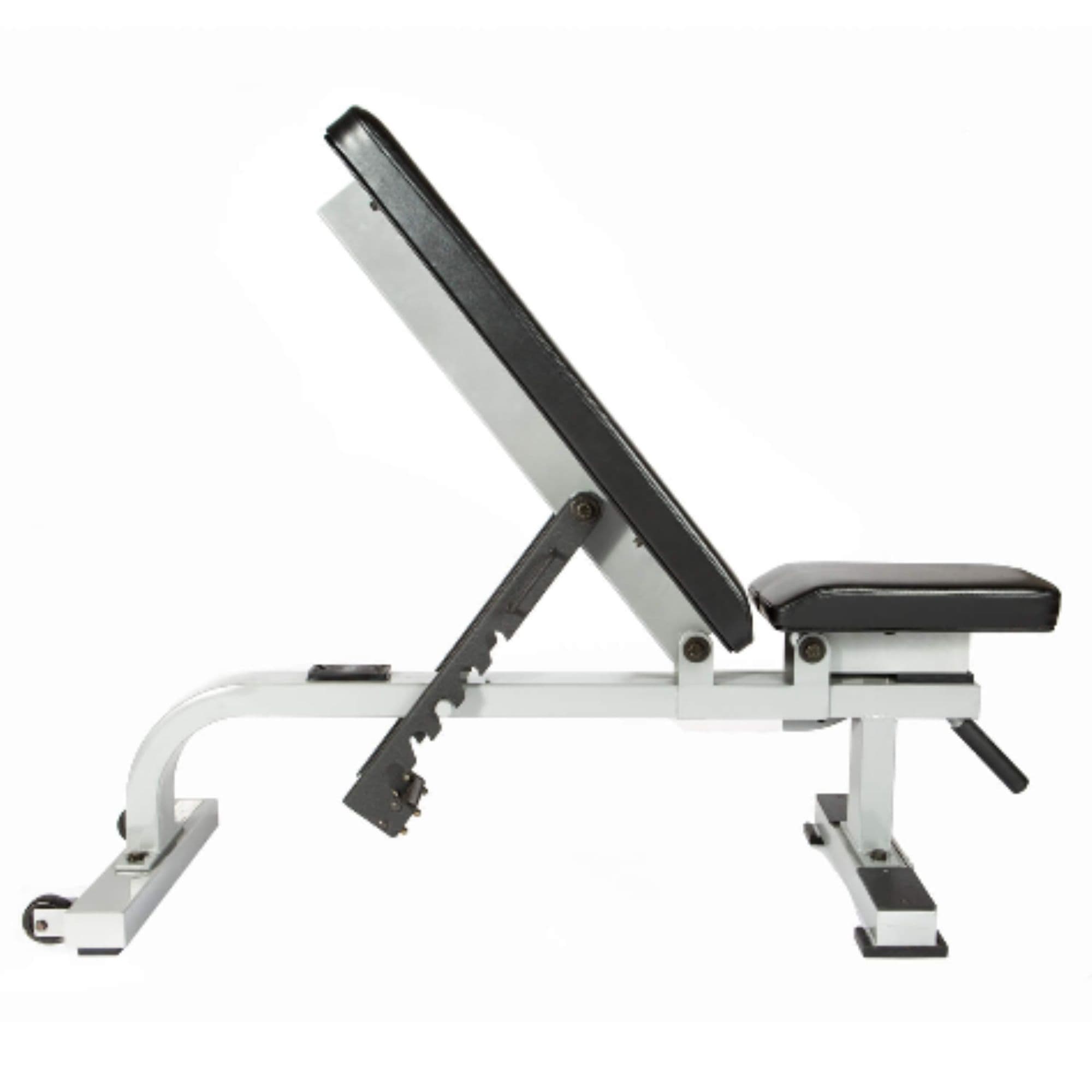 York Flat-To-Incline Weight Bench White Variant Side View With 50 Degrees Incline On White Background