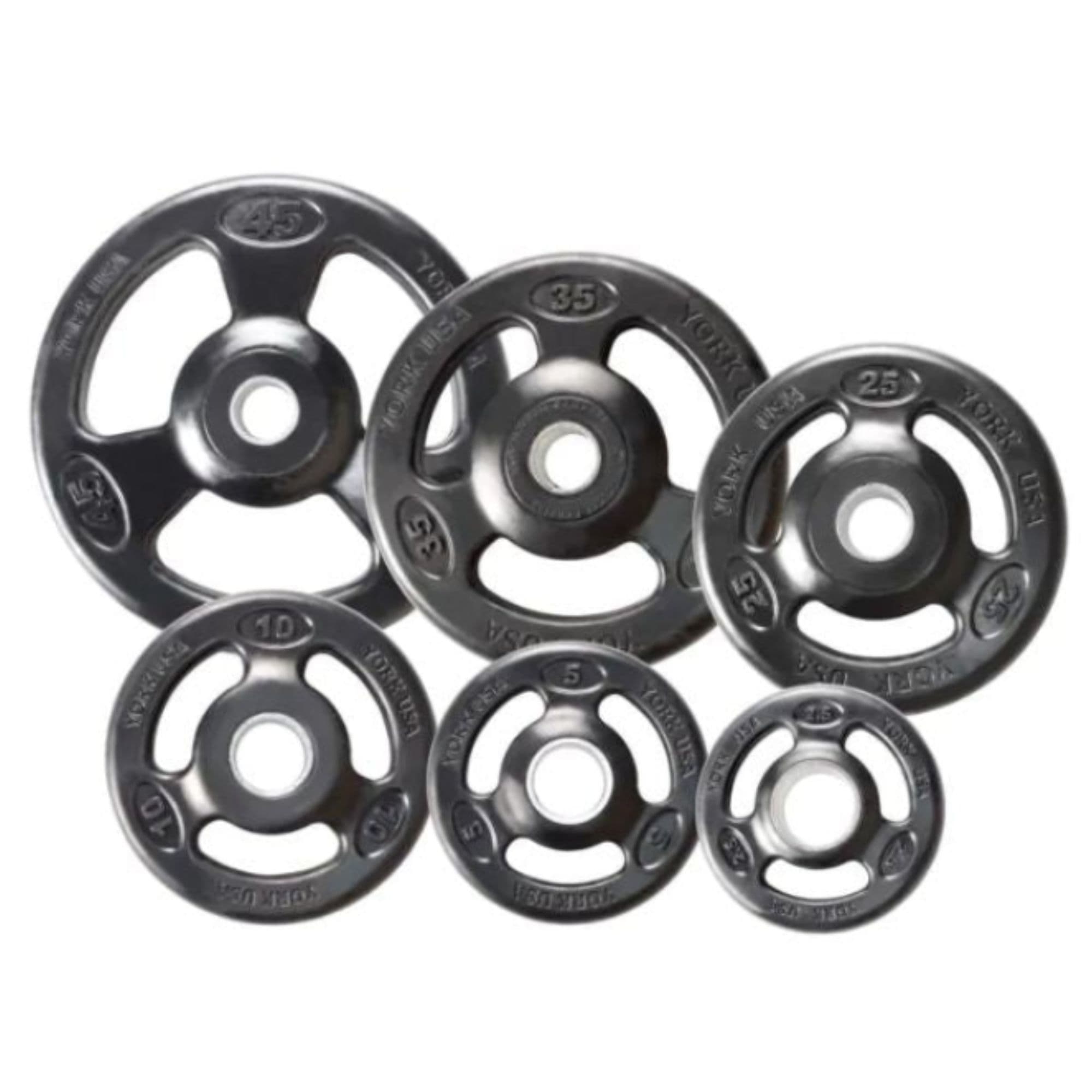 York Iso-Grip Rubber Encased Steel Olympic Plate Sets In Multiple Sizes On White Background