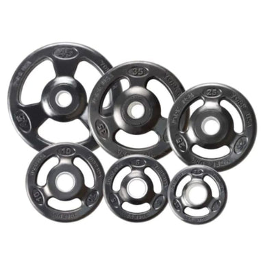 York Iso-Grip Rubber Encased Steel Olympic Plate Sets In Multiple Sizes On White Background