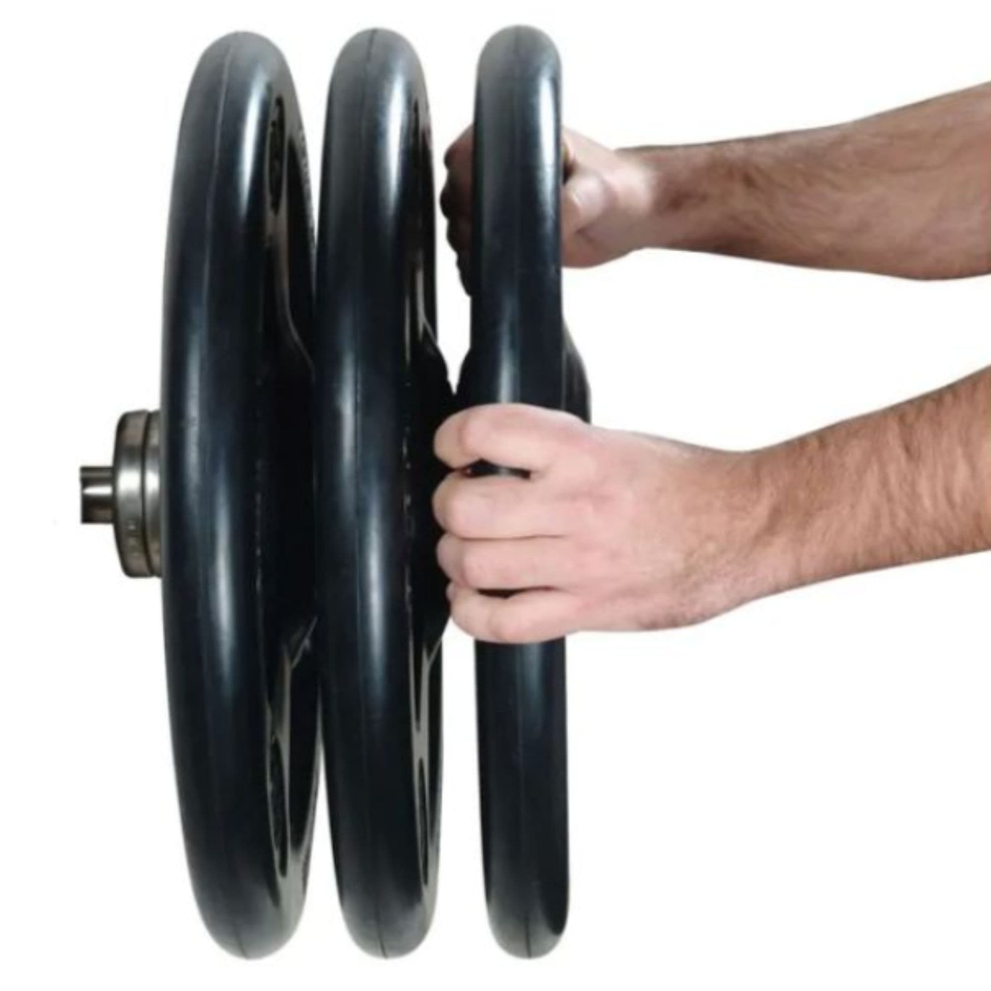 York Olympic Iso-Grip Rubber Plate Set Vertical Side View With A Hands Holding