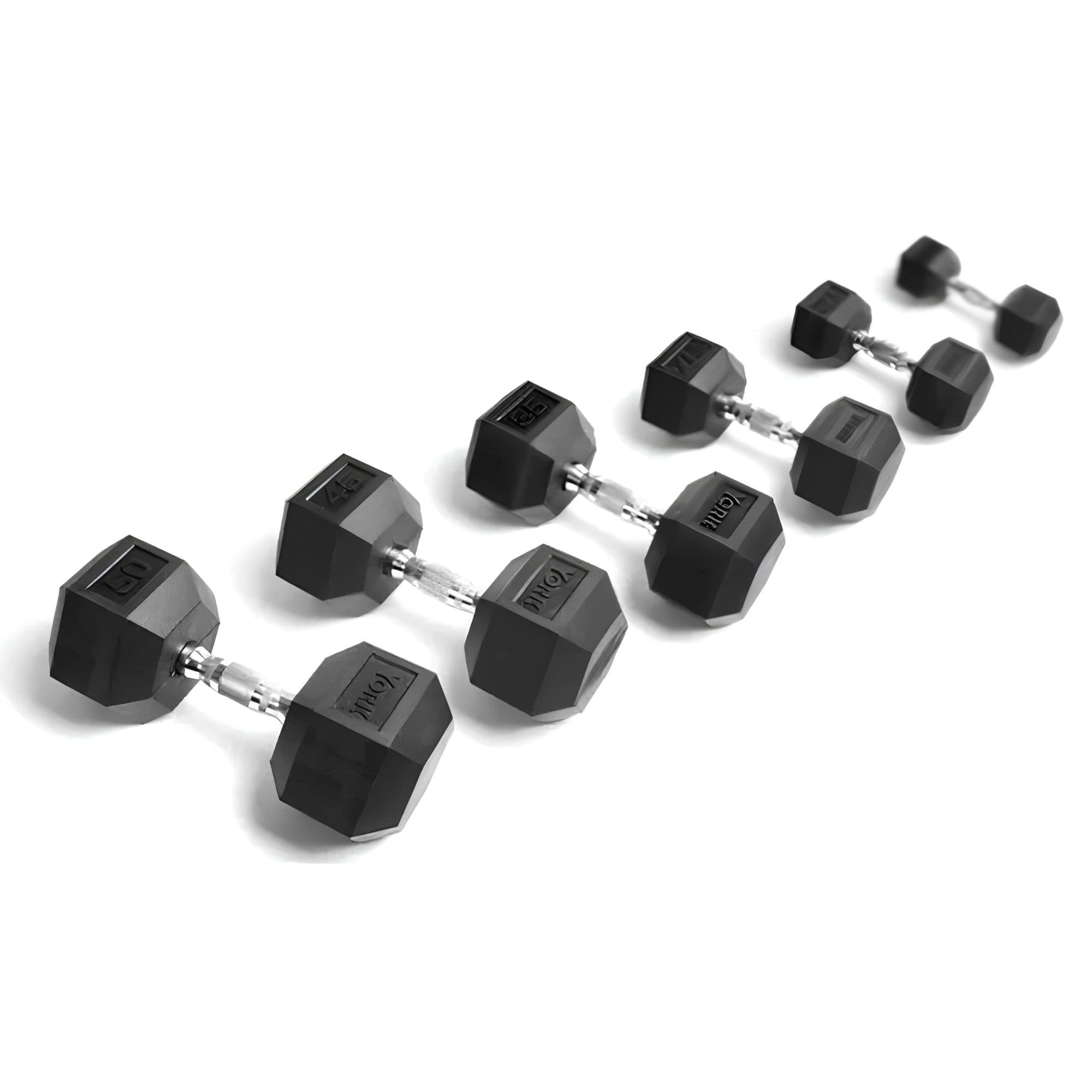 York Rubber Hex Dumbbell And Rack Package 5-75lb With Rack Arranged By Size On White Background