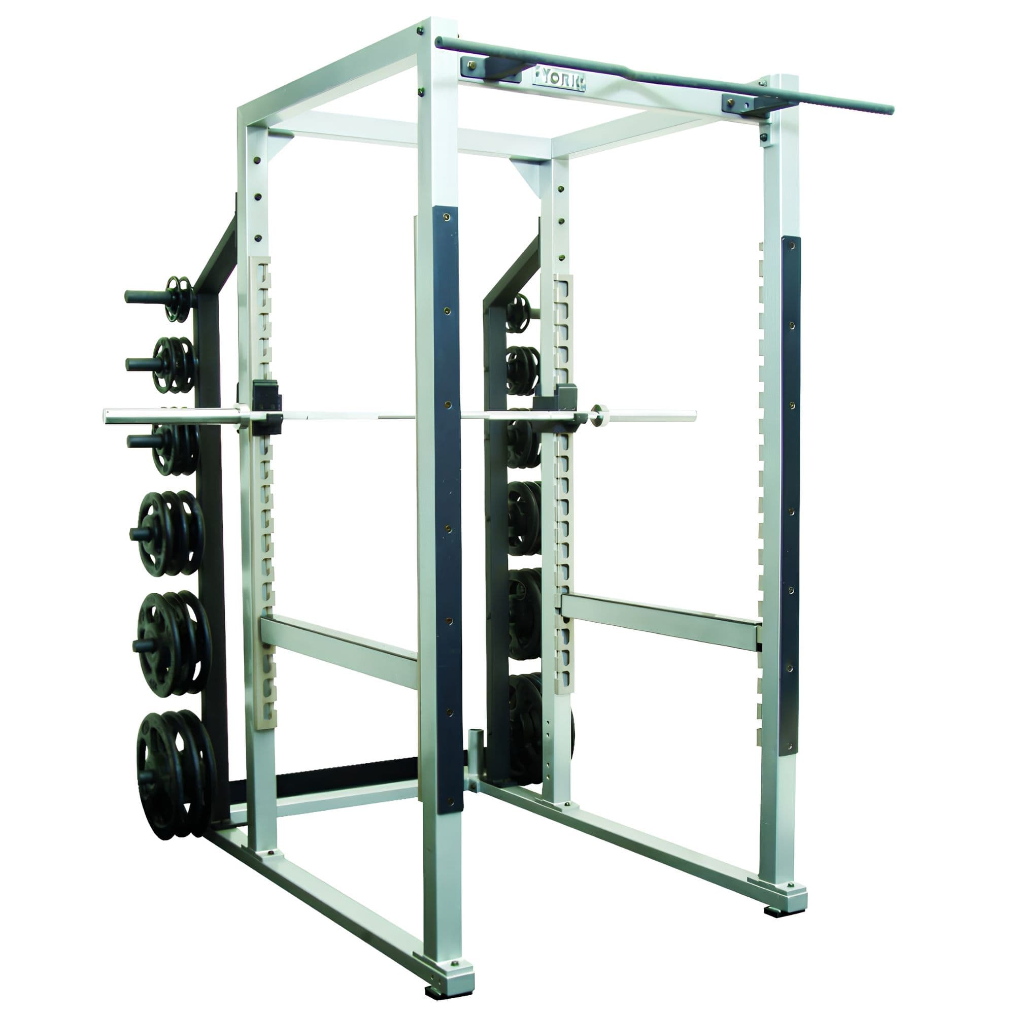 York STS 53006 Power Rack With Hook Plates With Weights Attached Front Angle View On White Background