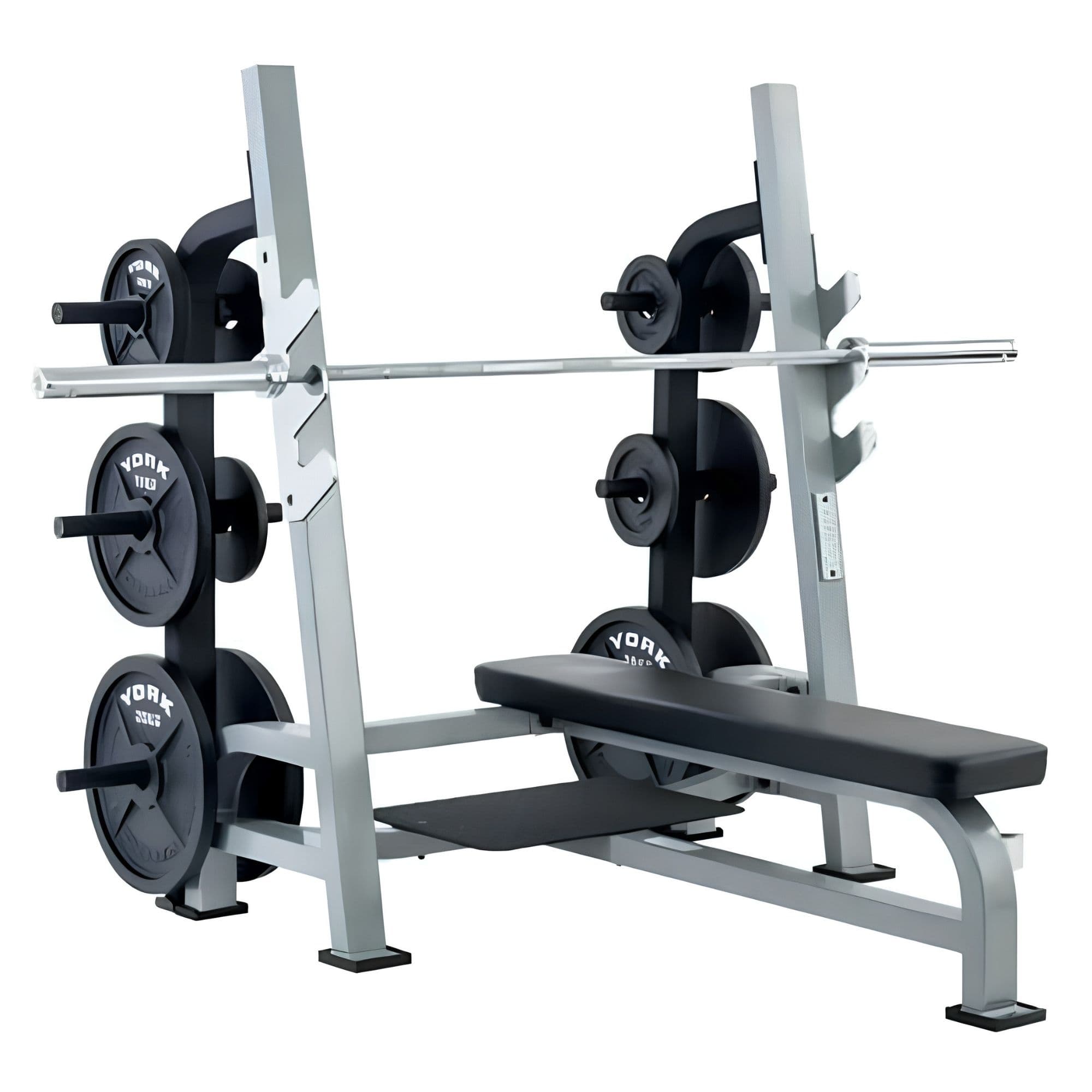 York STS Olympic Flat Bench Front Angle View With Multiple Weights On White Background
