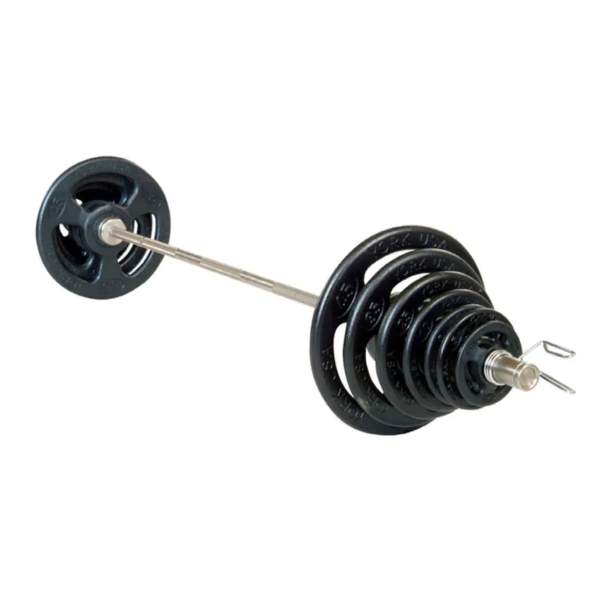 York Steel ISO-GRIP 300lb Olympic Set Complete Setup Side Angle View On White Background