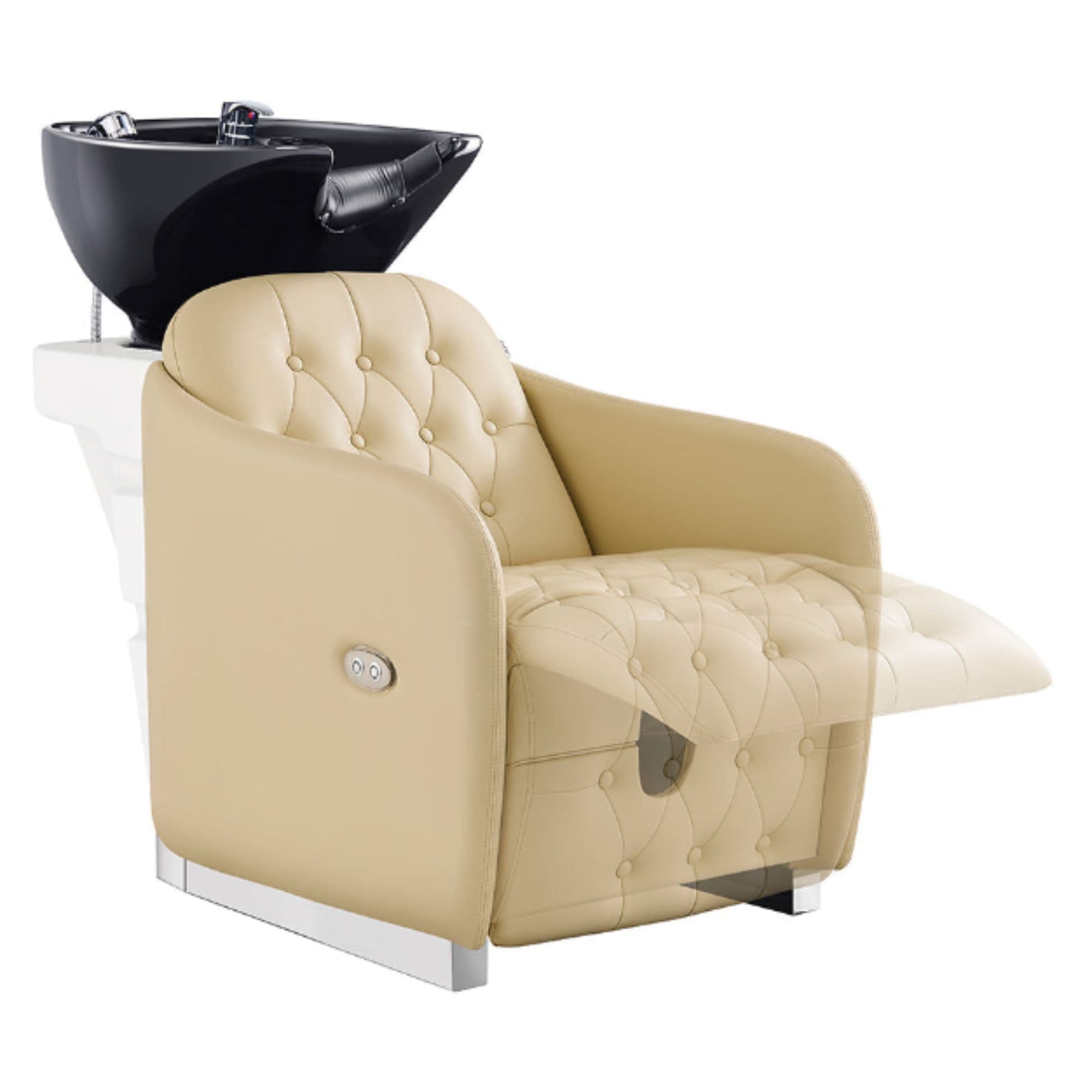 Yume Dreaming Electric Salon Backwash Station Beige Front Angled View With Black Single Sink And Extended Leg Rest Demo On White Background