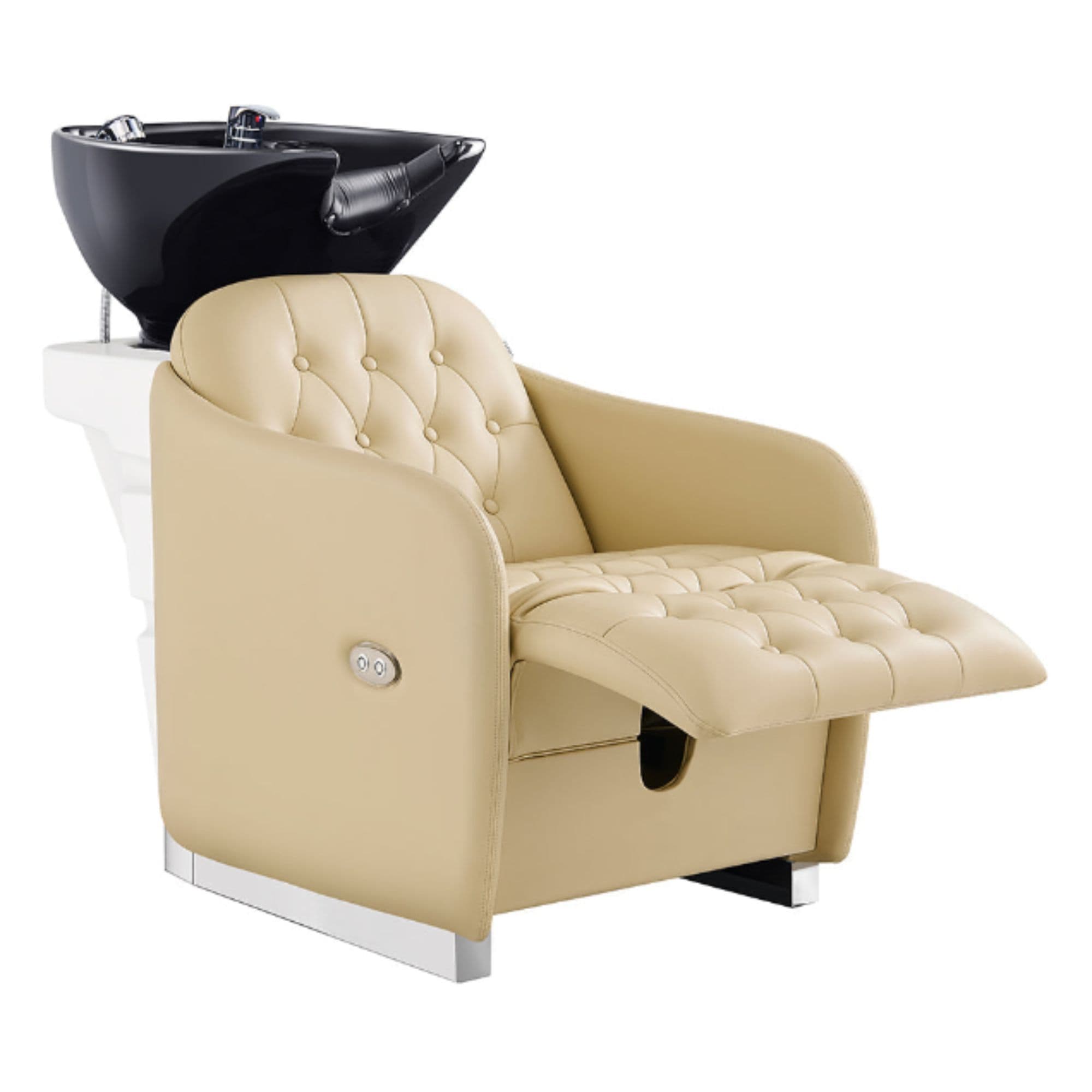 Yume Dreaming Electric Salon Backwash Station Beige Front Angled View With Black Single Sink And Extended Leg Rest On White Background