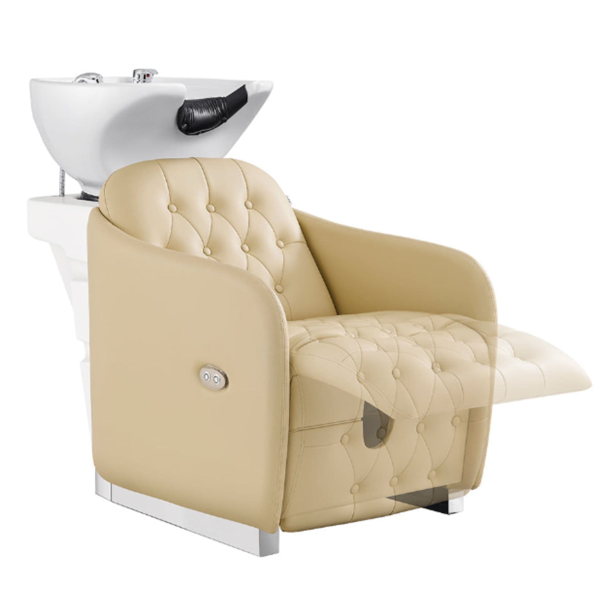 Yume Dreaming Electric Salon Backwash Station Beige Front Angled View With White Single Sink And Leg Rest Demo On White Background