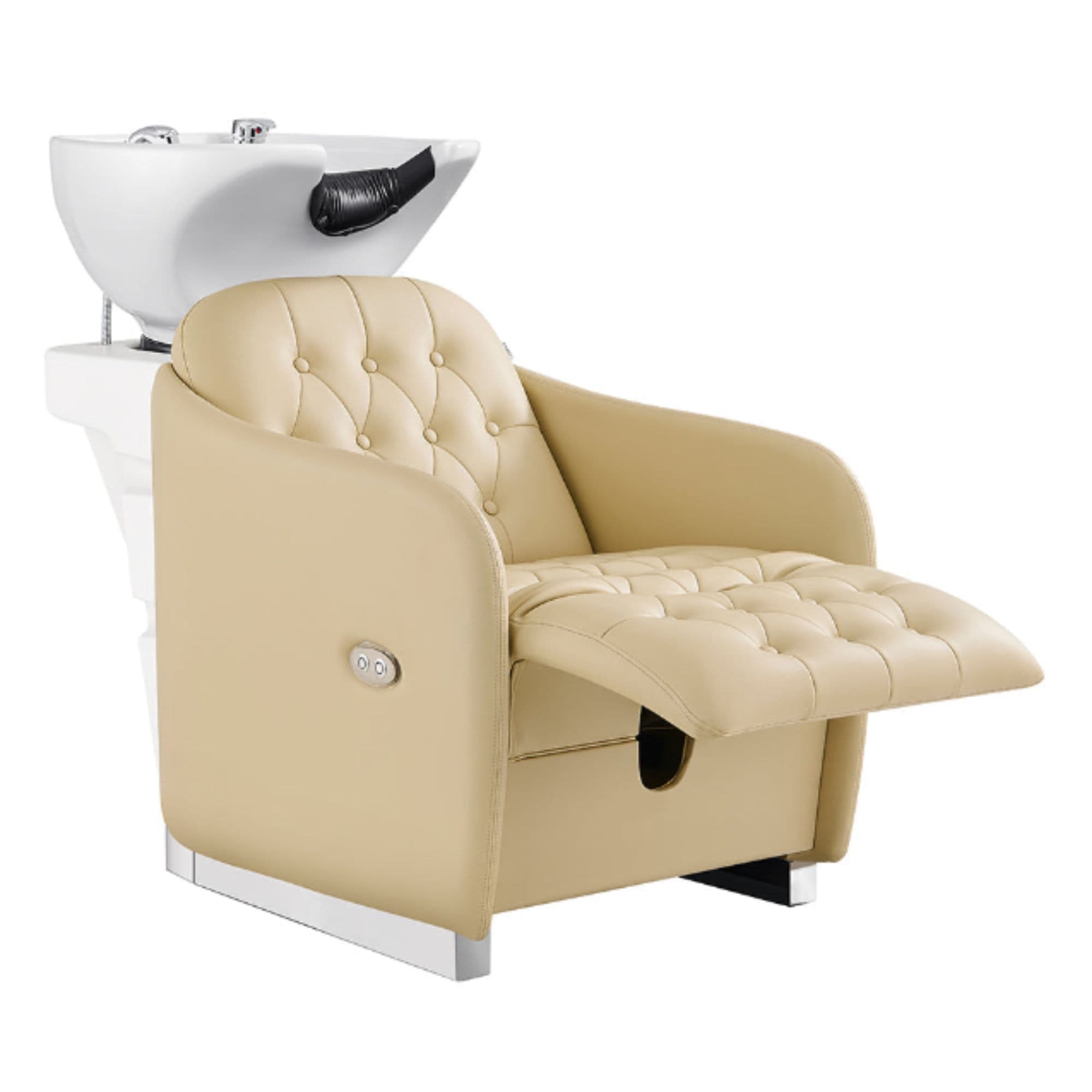 Yume Dreaming Electric Salon Backwash Station Beige Front Angled View With White Single Sink And Leg Rest On White Background