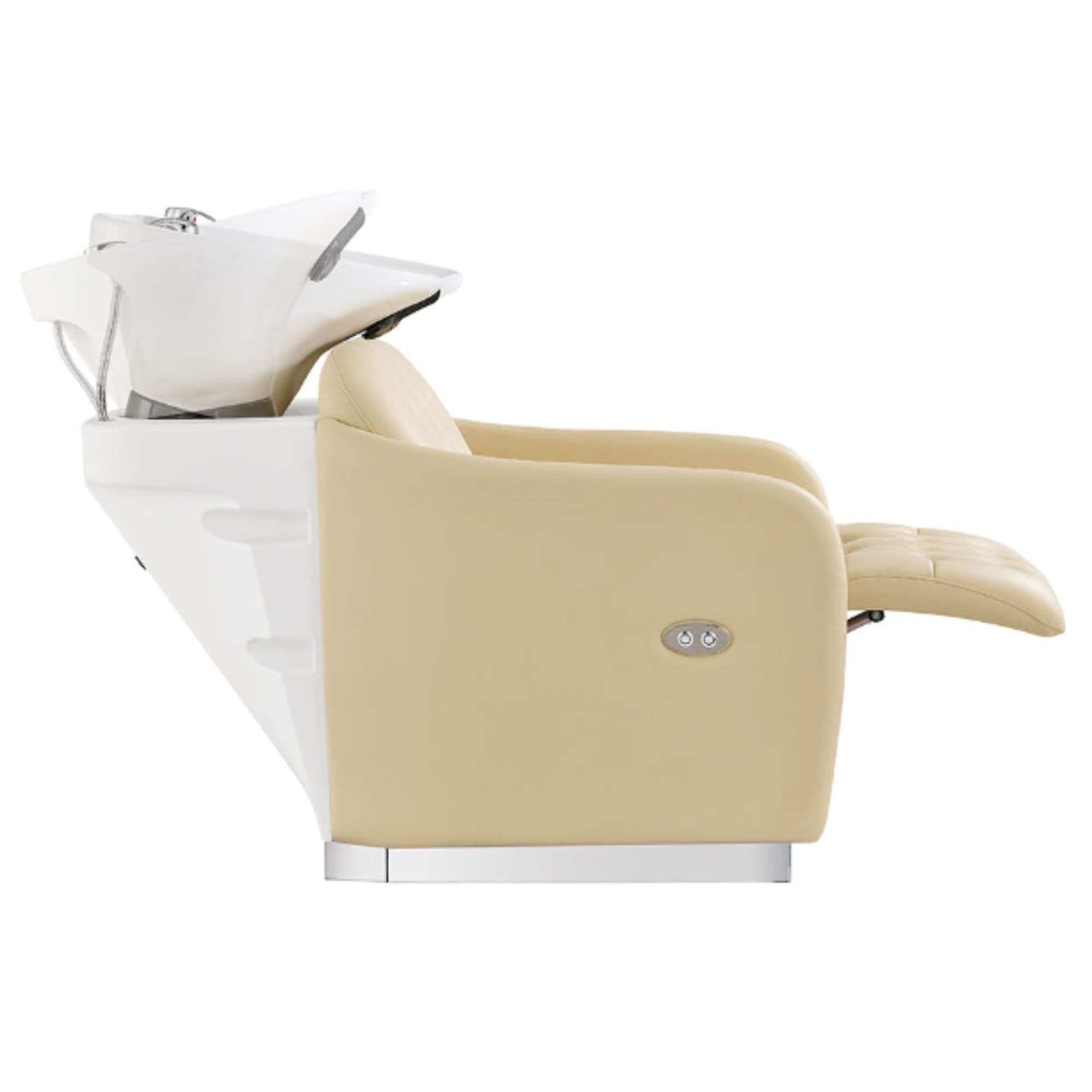 Yume Dreaming Electric Salon Backwash Station Beige Side View With White Single Sink Demo And Extended Leg Rest On White Background
