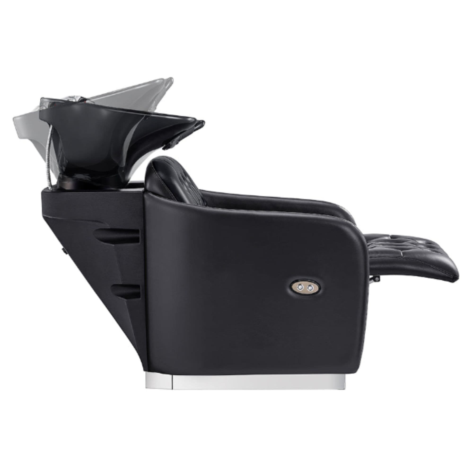 Yume Dreaming Electric Salon Backwash Station Black Side View With Black Sink Demo And Leg Rest Extended