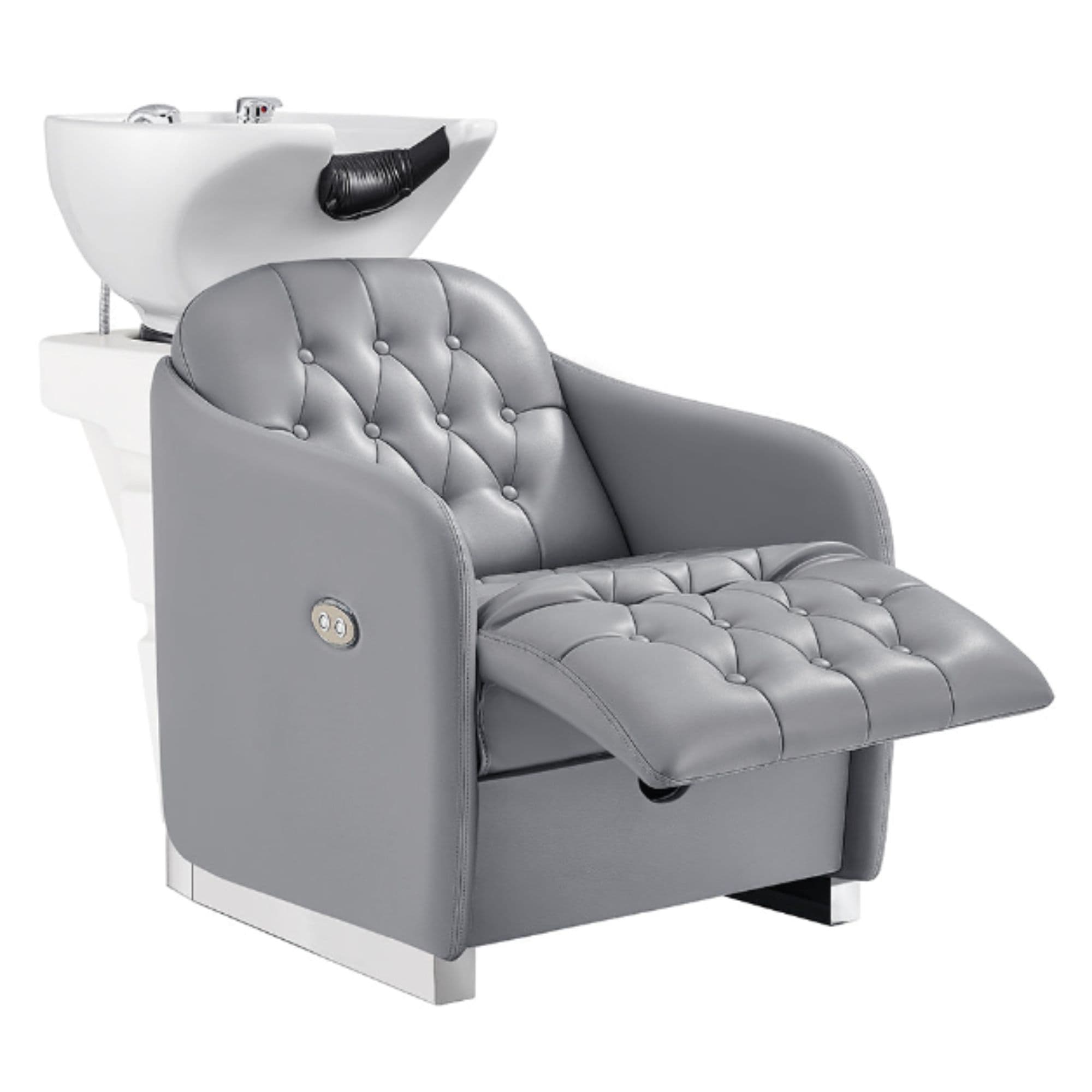 Yume Dreaming Electric Salon Backwash Station Gray Front Angled View With White Single Sink With Extended Leg Rest