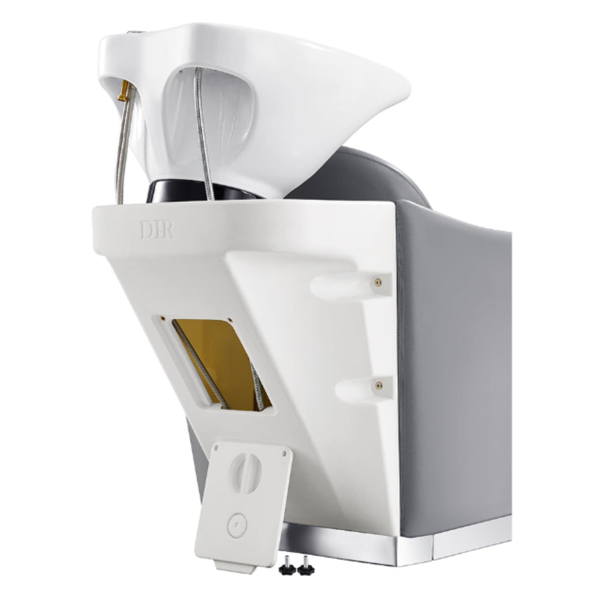 Yume Dreaming Electric Salon Backwash Station Gray With Rear Angled View And Sink Assembly