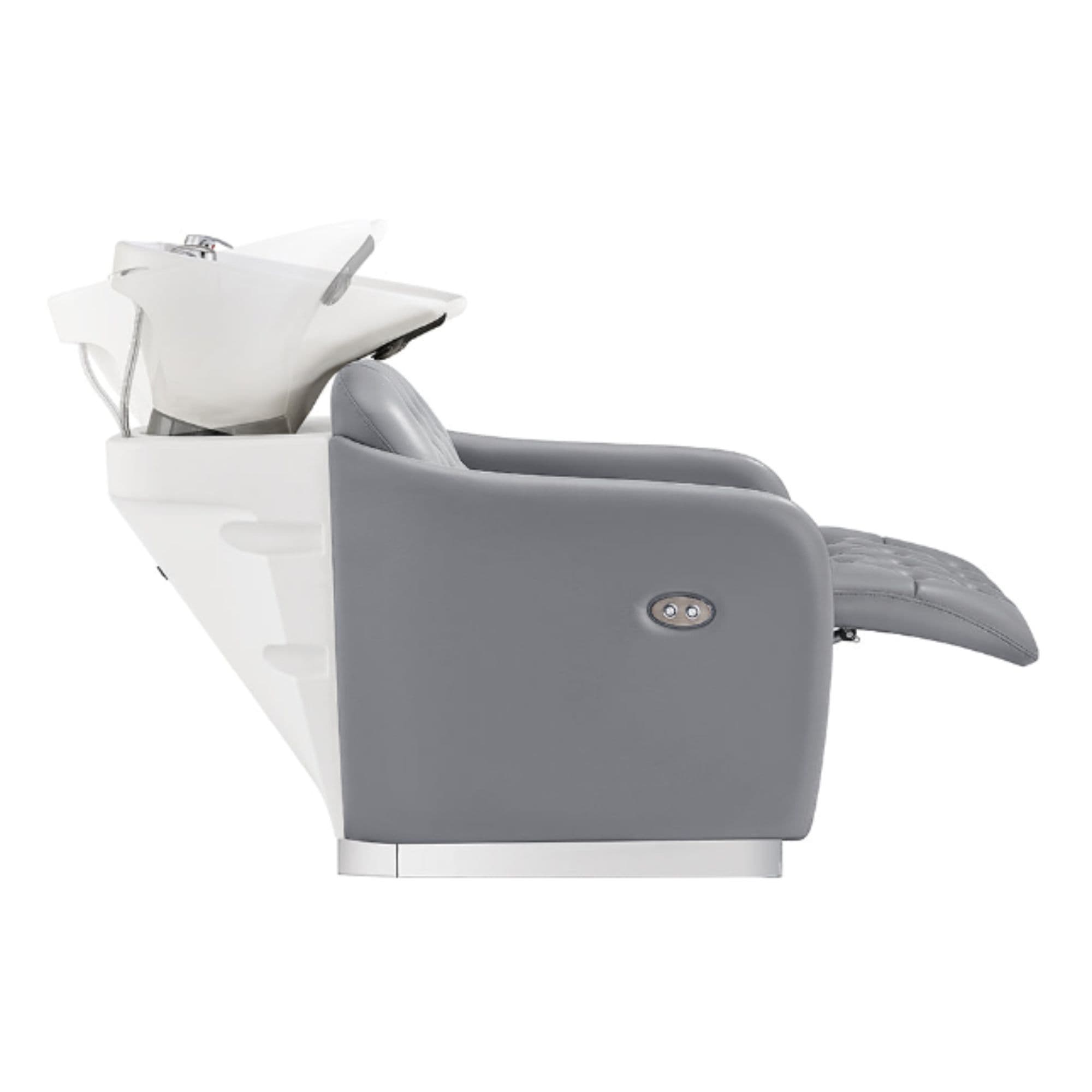 Yume Dreaming Electric Salon Backwash Station White Side View With White Sink Demo And Leg Rest Extended On Clean Background