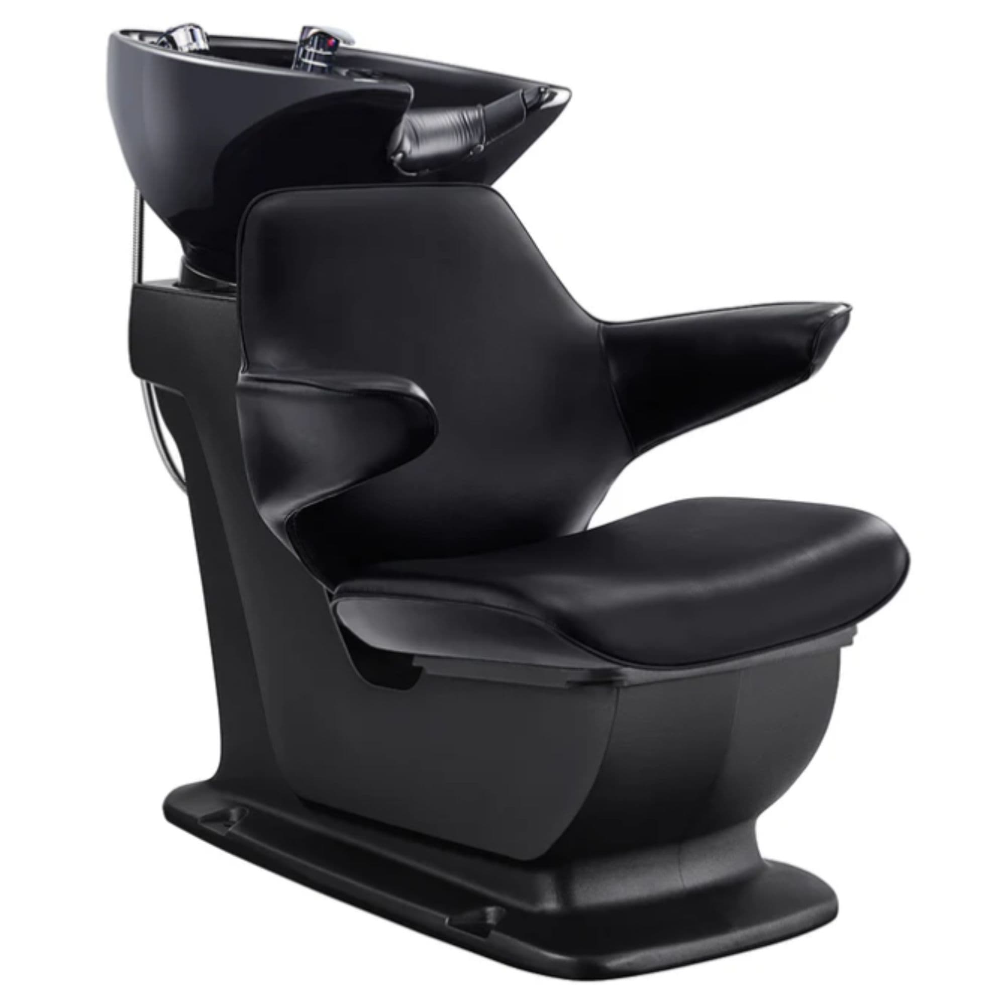 Zenith Shampoo Chair and Bowl with Adjustable Seat Black Front Angled View Of Black Single Shampoo Wash Station On White Clean Background