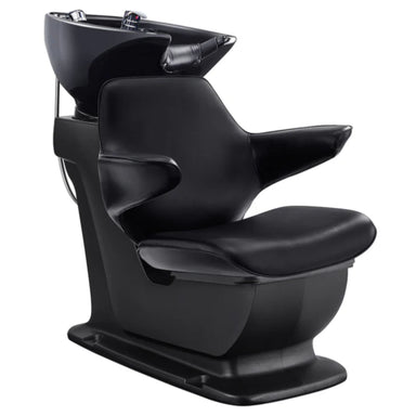 Zenith Shampoo Chair and Bowl with Adjustable Seat Black Front Angled View Of Black Single Shampoo Wash Station On White Clean Background
