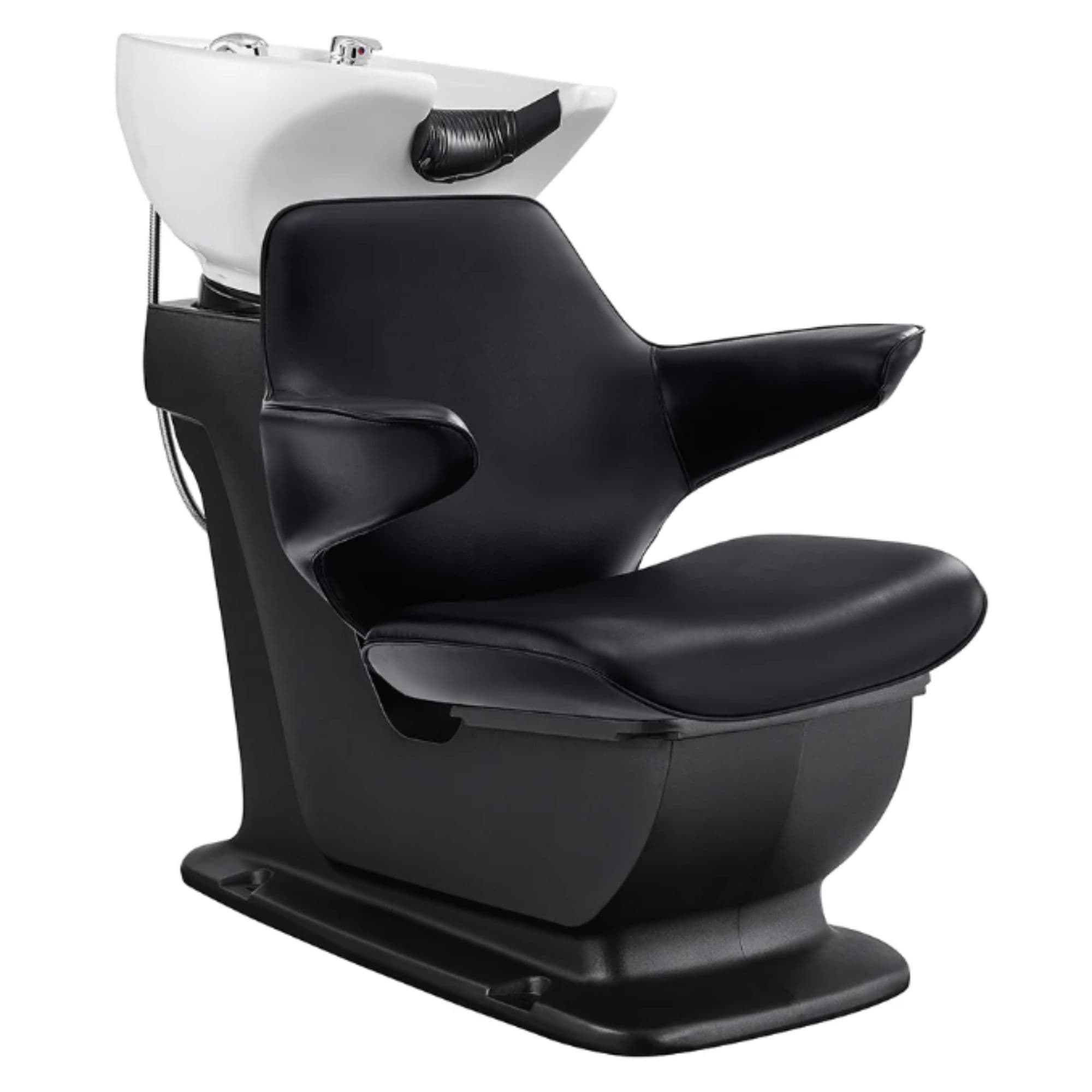 Zenith Shampoo Chair and Bowl with Adjustable Seat Black Front Angled View Of White Single Shampoo Wash Station