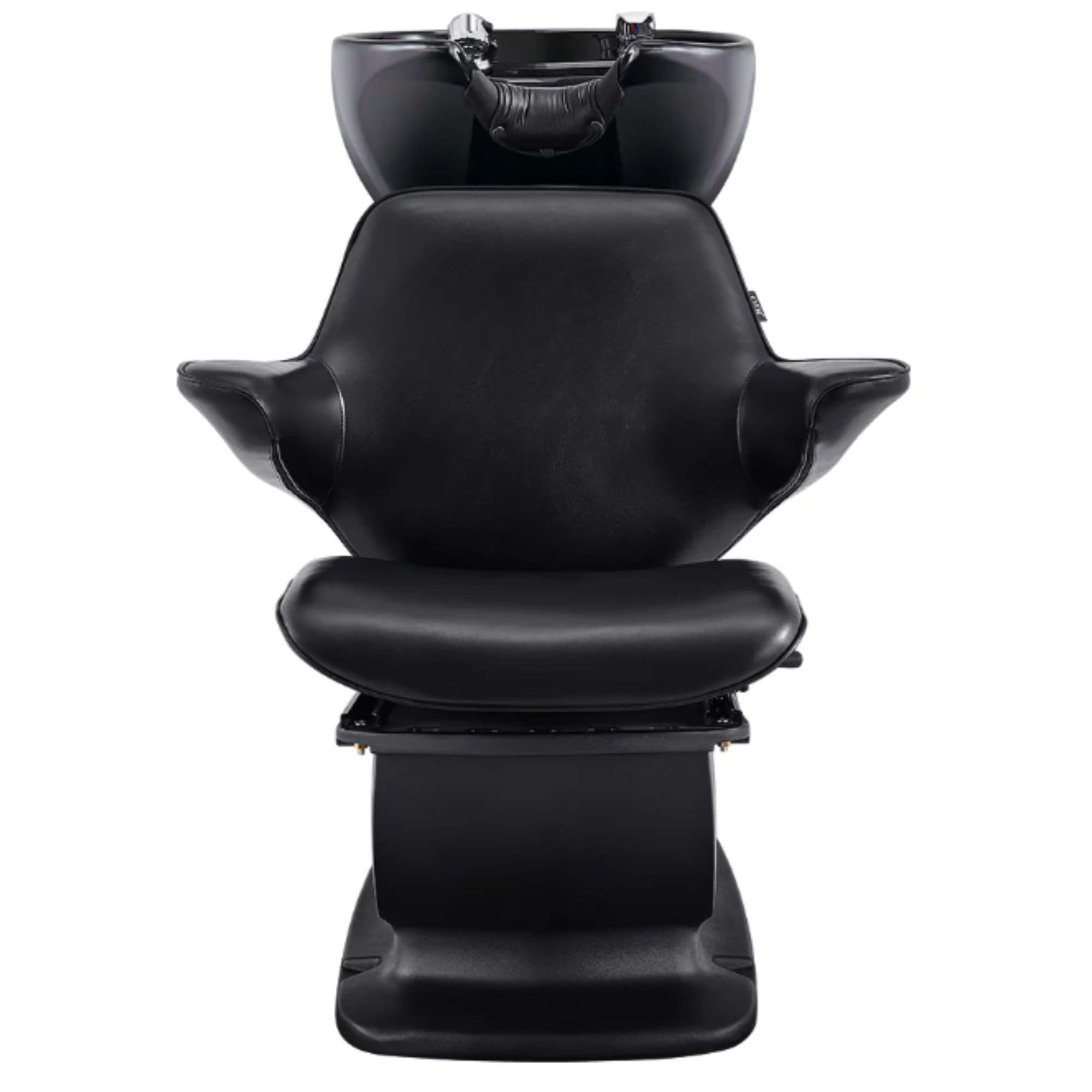 Zenith Shampoo Chair and Bowl with Adjustable Seat Black Front View Of Black Single Shampoo Wash Station With White Clean Background