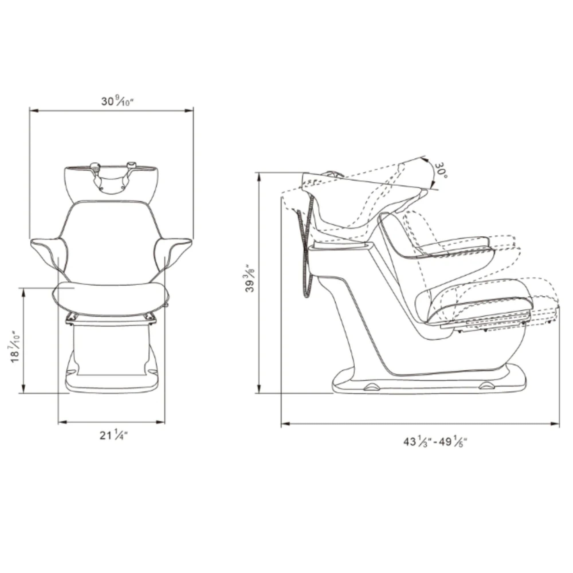 Zenith Shampoo Chair and Bowl with Adjustable Seat Product Dimension Diagram